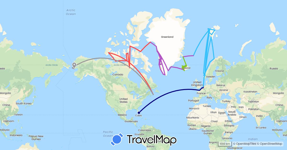 TravelMap itinerary: driving, plane, train, hiking, boat, electric vehicle in Belgium, Canada, France, Greenland, Iceland, Netherlands, Norway, United States (Europe, North America)